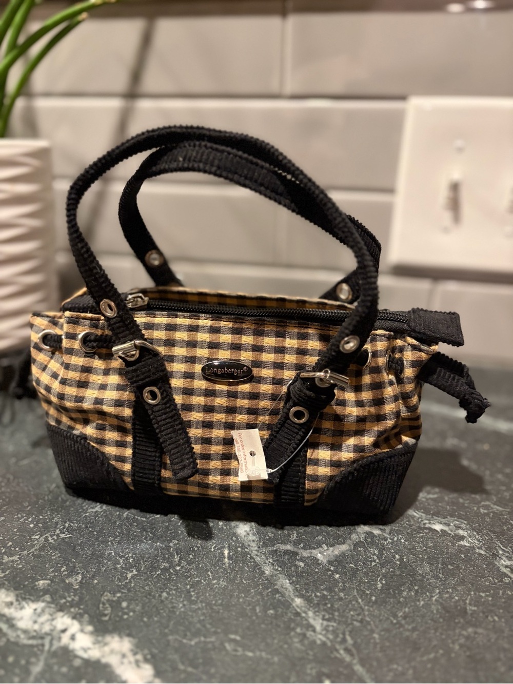 Adorable Longaberger Black & Tan Gingham Mini Tote Bag